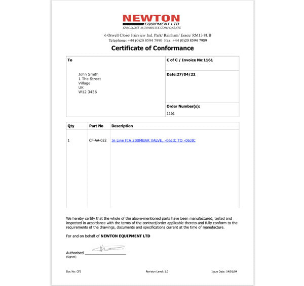 Certificate of Conformance